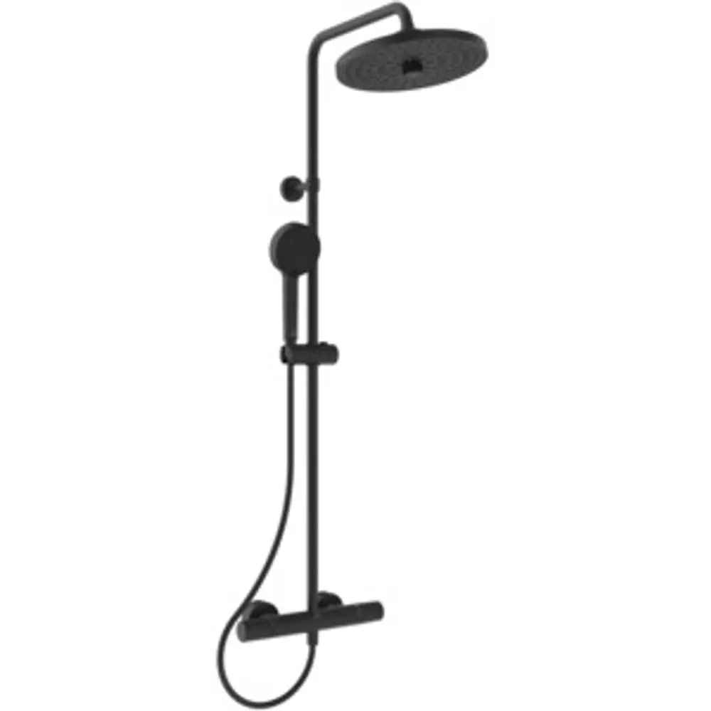 Duschsystem in Schwarz mit Kopfbrause und Handbrause, montiert an einer Wand. Ideal Standard-Design für eine moderne Badezimmereinrichtung.